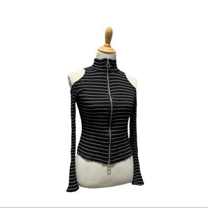 Chloe & Katie | Black & White Striped Open Shoulder Long Sleeve Top
